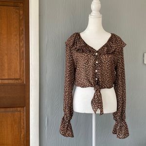 Vintage 1990s Guess brown floral ruffle trim front tie crop top